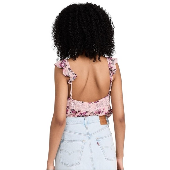Floral Lace Cami Bodysuit Tank Top Tie Strap Ruffle Sleeve Summer - Picture 3 of 7